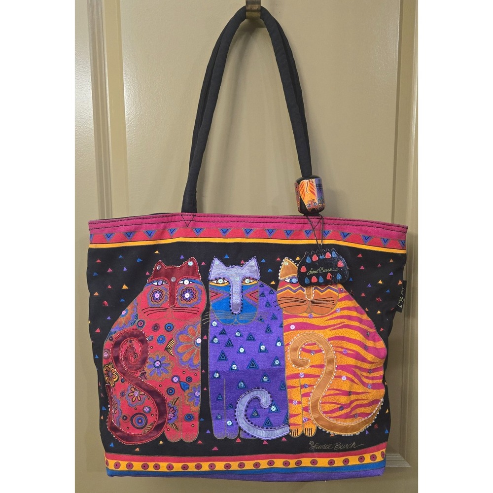 Vintage Laurel Burch Feline Friends Large Canvas Tote Bag Three Cats With Tag